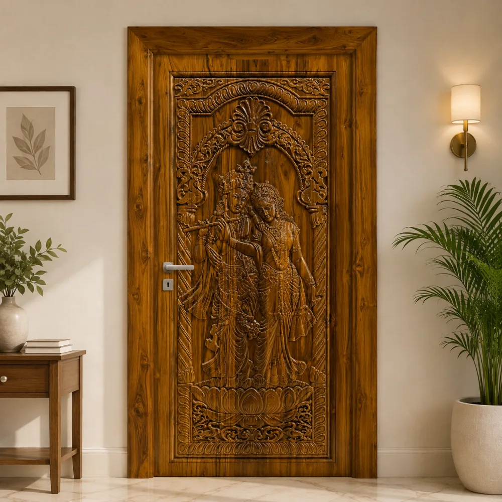 Wooden Carved Radha Krishna Door CP Segun (Premium Teak Wood) — CP Segun teak — New Priyatama Furniture