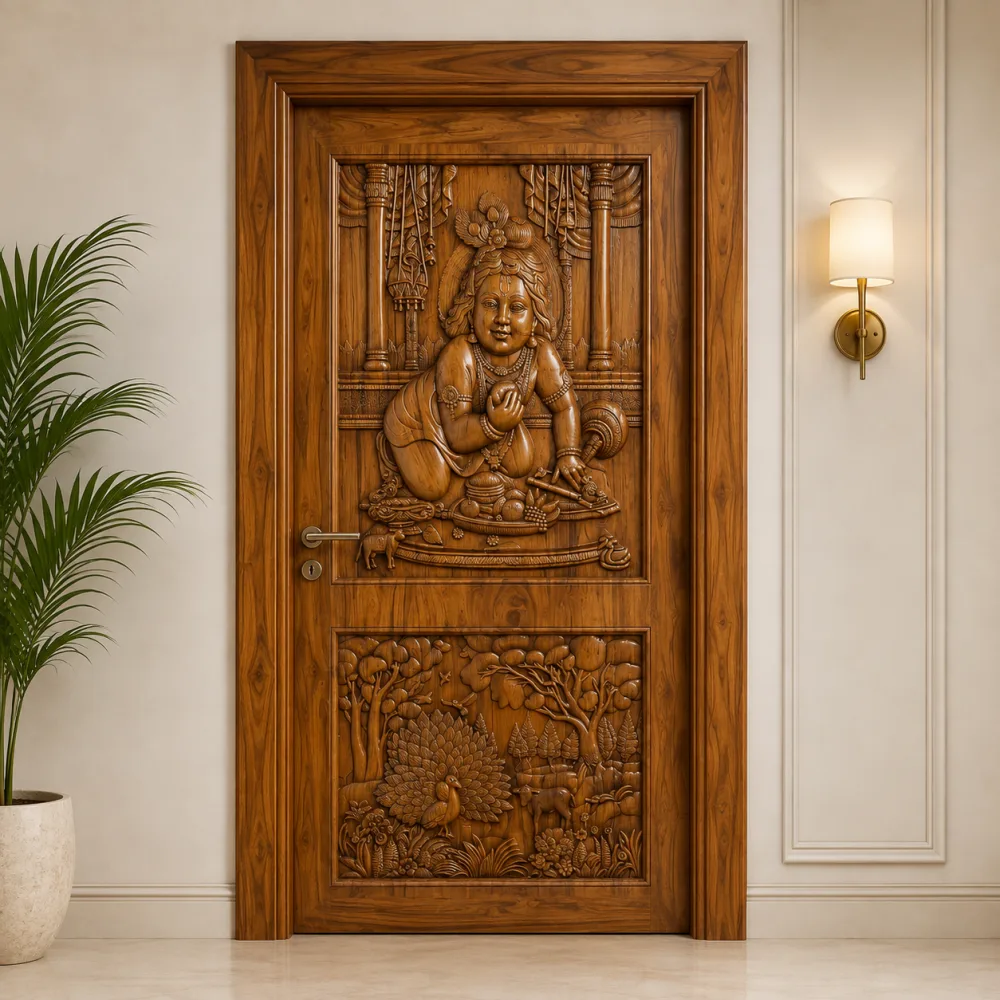 Wooden Carved Gopal Door with Peacock Garden CP Segun (Premium Teak Wood) — CP Segun teak — New Priyatama Furniture
