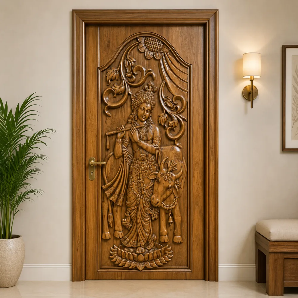 Wooden Carved Krishna Door CP Segun (Premium Teak Wood) — CP Segun teak — New Priyatama Furniture