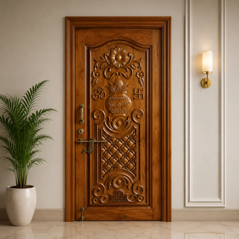 Wooden Carved Radha Om Swastik Pot Door CP Segun (Premium Teak Wood) — CP Segun teak — New Priyatama Furniture