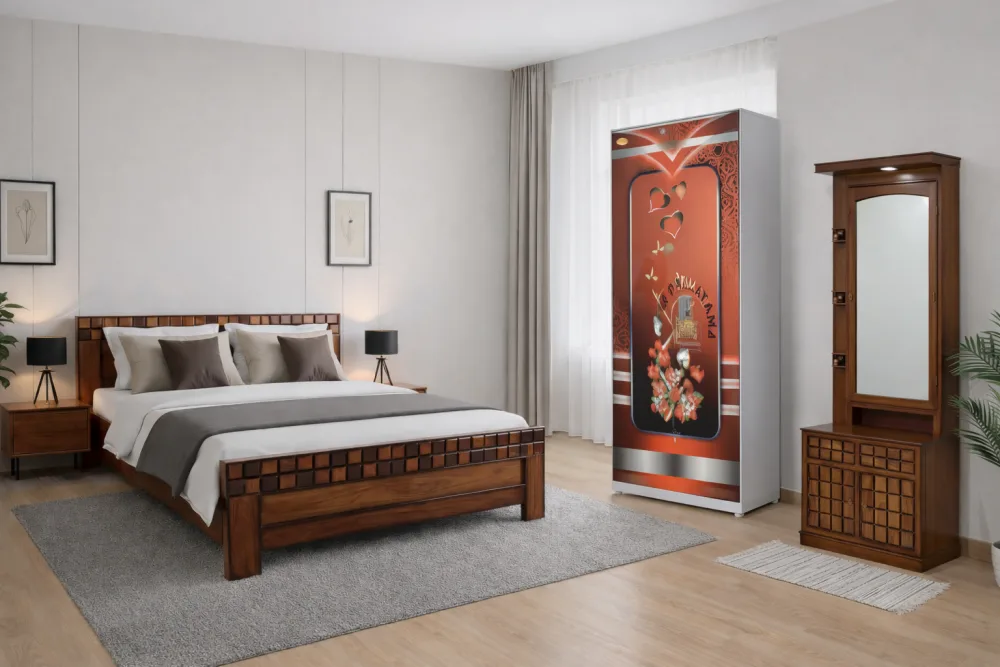 Bedroom Set Package-3 ( CP Segun 6x7 Box Bed  + 2 Door Steel Almirah + CP Segun Dressing Table + Mattress )